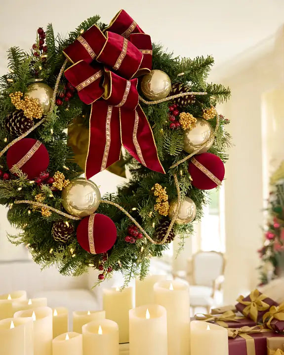 Guirlanda de Natal 90 cm com LED, Laço Vermelho, Bolas Douradas e Frutas Vermelhas