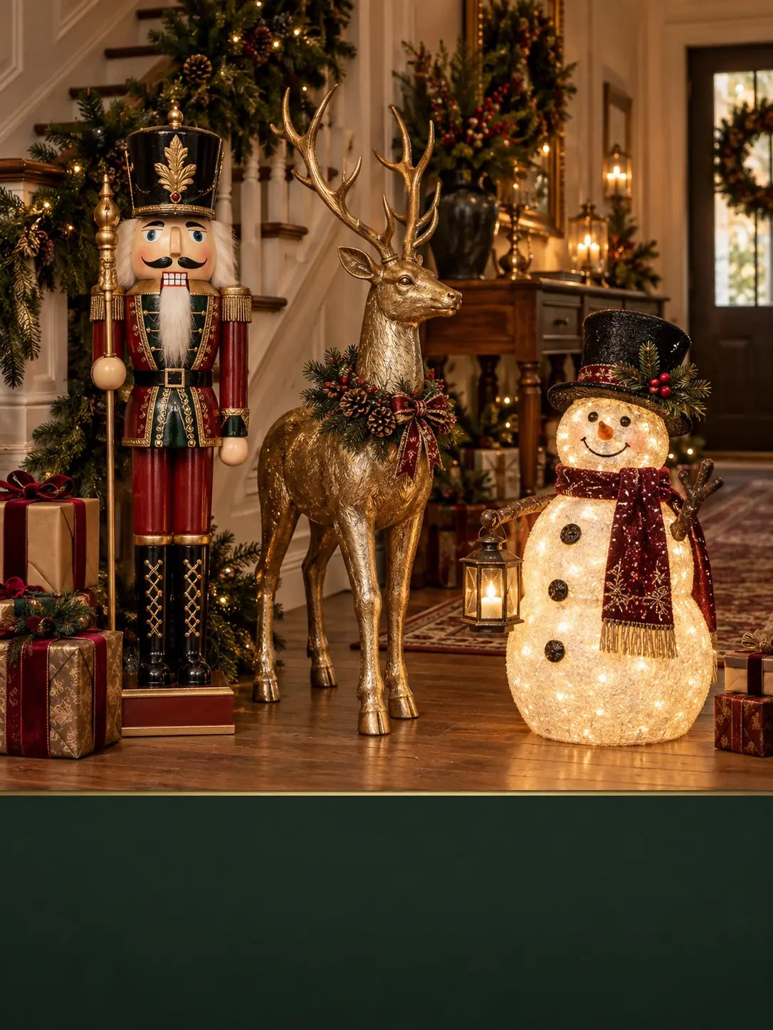 Figuras natalinas decorativas em uma entrada elegante